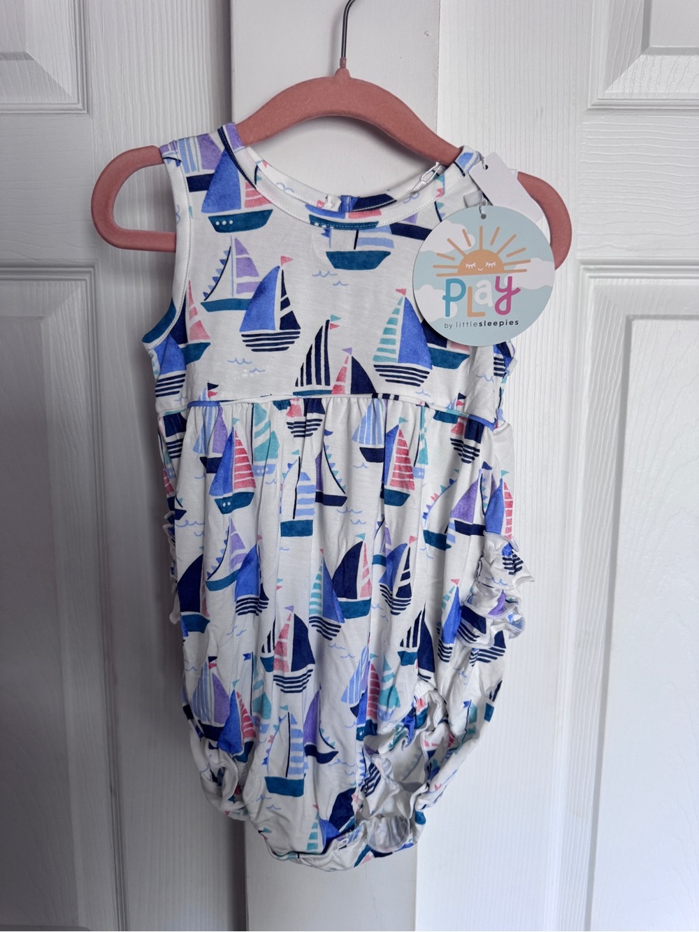 Little Sleepies White Sailboat Print Tank Romper with Blue and Pink Sails